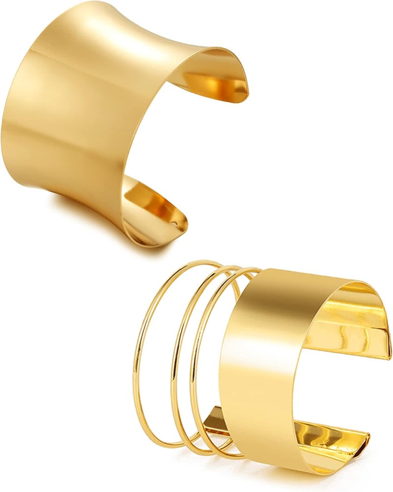 BOMAIL Store 2 Pcs Cuff Bangle Bracelet Set for Women Open Wide Wire Bracelets Gold Wrist Cuff Wrap Bracelet Adjustable - Image 1